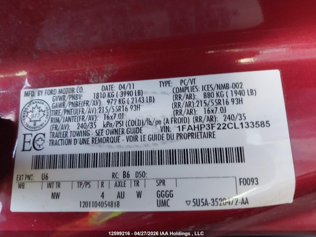 12599216 :رقم المزاد ، 1FAHP3F22CL133585 vin ، 2012 Ford Focus Se مزاد بيع
