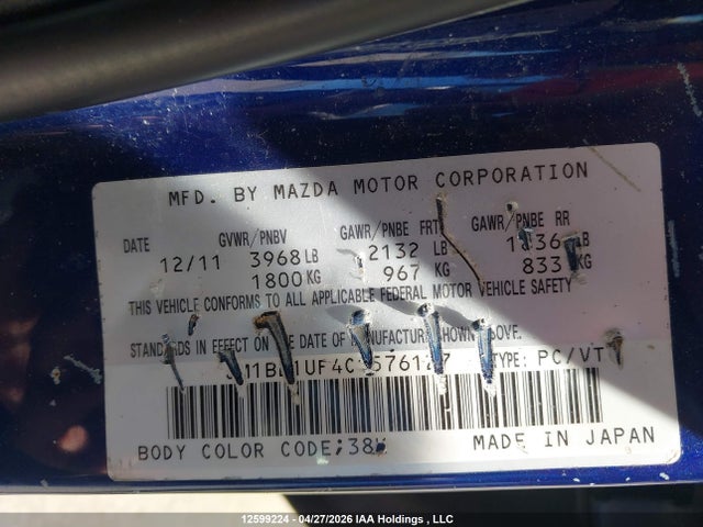 2012 Mazda Mazda3 Gx მანქანა იყიდება აუქციონზე, vin: JM1BL1UF4C1576127, აუქციონის ნომერი: 12599224