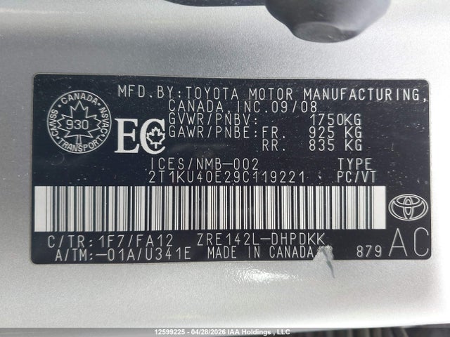 2009 Toyota Corolla Matrix მანქანა იყიდება აუქციონზე, vin: 2T1KU40E29C119221, აუქციონის ნომერი: 12599225