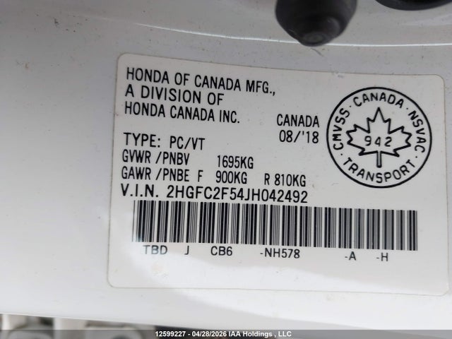 Продаж на аукціоні авто 2018 Honda Civic, vin: 2HGFC2F54JH042492, номер лоту: 12599227