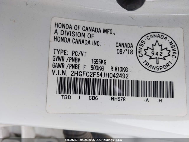 Продаж на аукціоні авто 2018 Honda Civic, vin: 2HGFC2F54JH042492, номер лоту: 12599227