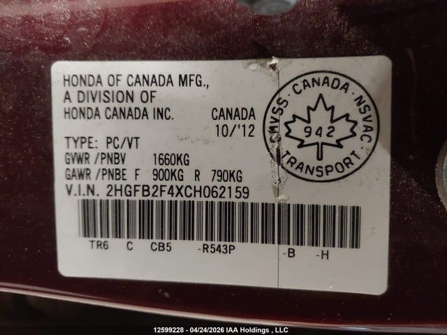 Aukcja sprzedaży 2012 Honda Civic Lx, vin: 2HGFB2F4XCH062159, numer aukcji: 12599228