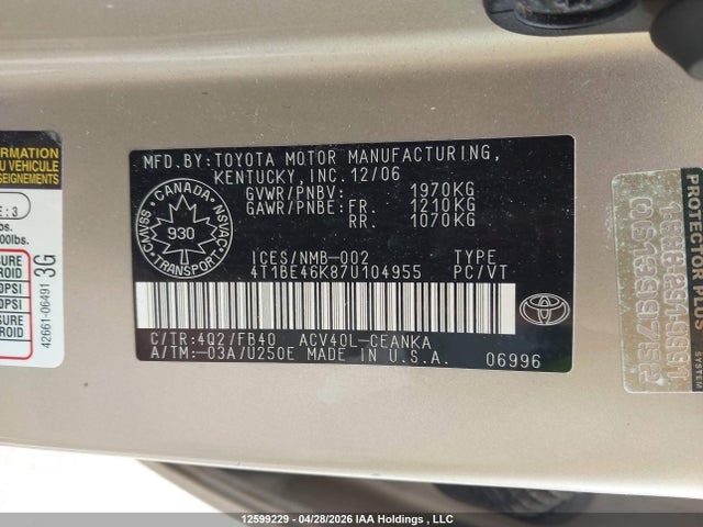 12599229 :رقم المزاد ، 4T1BE46K87U104955 vin ، 2007 Toyota Camry مزاد بيع
