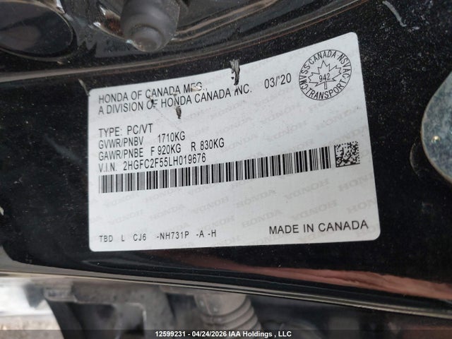 Продаж на аукціоні авто 2020 Honda Civic Lx, vin: 2HGFC2F55LH019676, номер лоту: 12599231