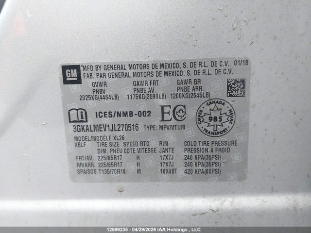 12599235 :رقم المزاد ، 3GKALMEV1JL270516 vin ، 2018 Gmc Terrain Sle مزاد بيع
