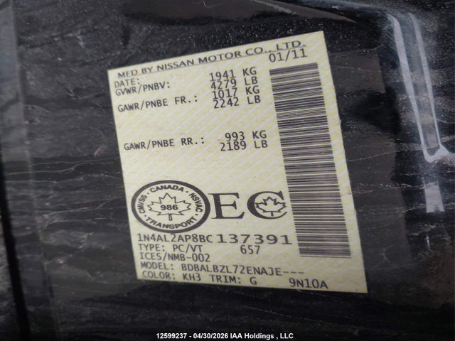 2011 Nissan Altima 2.5 S მანქანა იყიდება აუქციონზე, vin: 1N4AL2AP8BC137391, აუქციონის ნომერი: 12599237