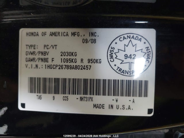 Aukcja sprzedaży 2009 Honda Accord Ex, vin: 1HGCP26789A802457, numer aukcji: 12599239
