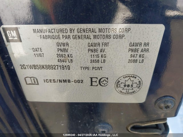 Продаж на аукціоні авто 2008 Chevrolet Impala Ls, vin: 2G1WB58K889271910, номер лоту: 12599240