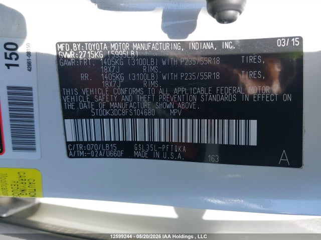 5TDDK3DC8FS104680 Toyota Sienna Xle/limited