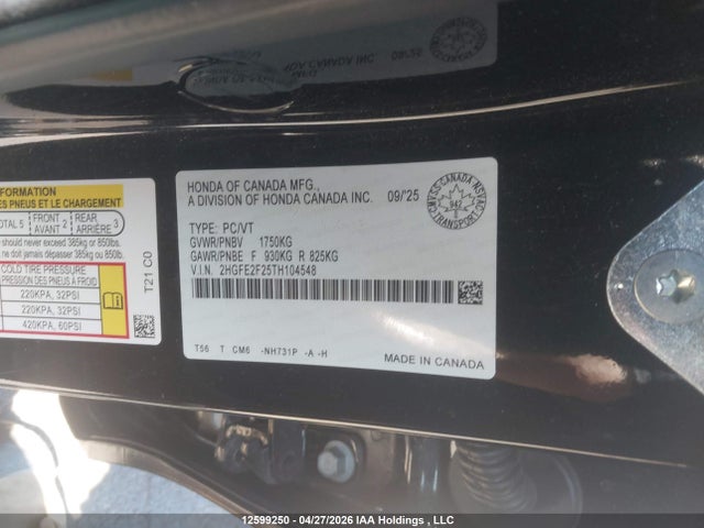 Продажа на аукционе авто 2026 Honda Civic Lx, vin: 2HGFE2F25TH104548, номер лота: 12599250