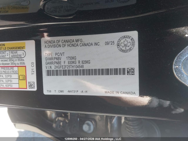 Продажа на аукционе авто 2026 Honda Civic Lx, vin: 2HGFE2F25TH104548, номер лота: 12599250
