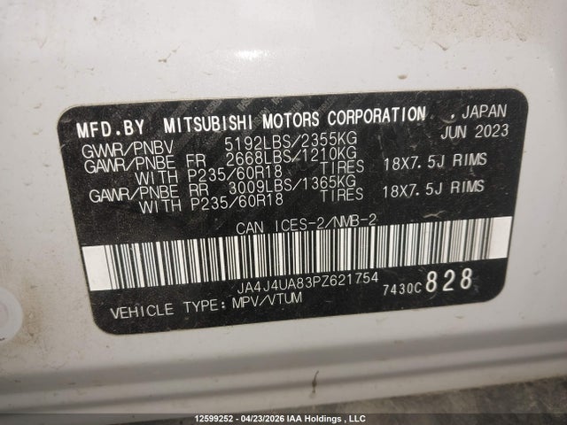 JA4J4UA83PZ621754 Mitsubishi Outlander Se/se Black Edition/se Technology/se Special