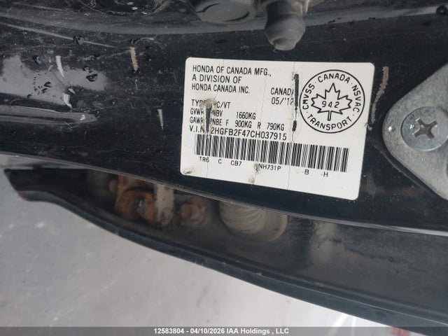 Aukcja sprzedaży 2012 Honda Civic Lx, vin: 2HGFB2F47CH037915, numer aukcji: 12583804