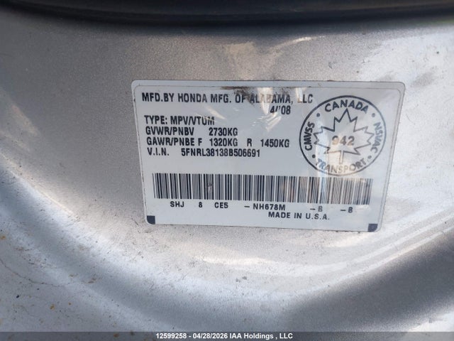 Auction sale of the 2008 Honda Odyssey Dx, vin: 5FNRL38138B506691, lot number: 12599258