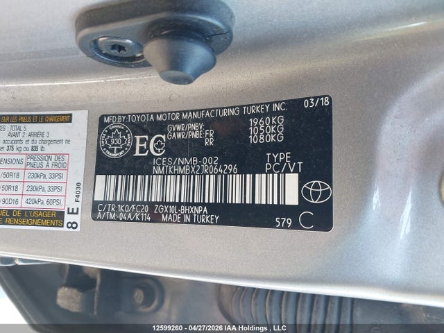 Продаж на аукціоні авто 2018 Toyota C-hr Xle/xle Premium, vin: NMTKHMBX2JR064296, номер лоту: 12599260