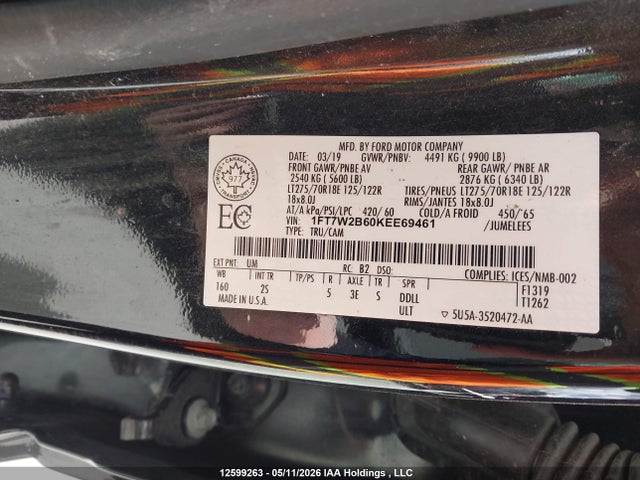 Продаж на аукціоні авто 2019 Ford F250 Super Duty, vin: 1FT7W2B60KEE69461, номер лоту: 12599263