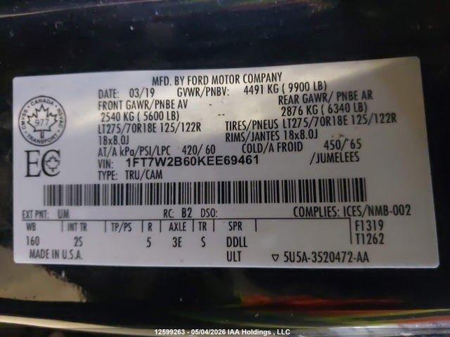 Продаж на аукціоні авто 2019 Ford F250 Super Duty, vin: 1FT7W2B60KEE69461, номер лоту: 12599263