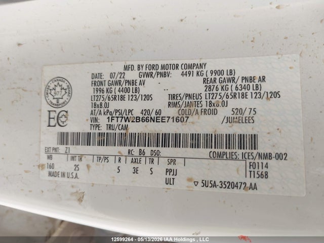 Продажа на аукционе авто 2022 Ford F250 Super Duty, vin: 1FT7W2B66NEE71607, номер лота: 12599264