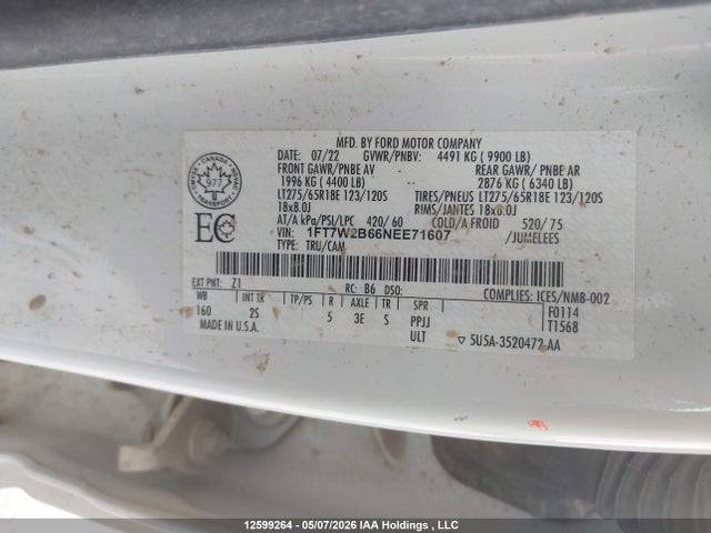 Продажа на аукционе авто 2022 Ford F250 Super Duty, vin: 1FT7W2B66NEE71607, номер лота: 12599264