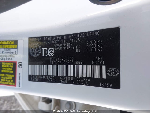 12599265 :رقم المزاد ، 4T1DAACK1SU156640 vin ، 2025 Toyota Camry Se مزاد بيع