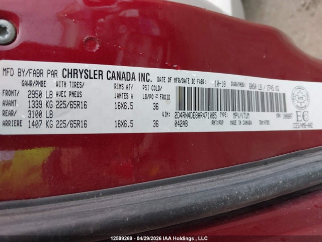 2010 Dodge Grand Caravan მანქანა იყიდება აუქციონზე, vin: 2D4RN4DE8AR471085, აუქციონის ნომერი: 12599269