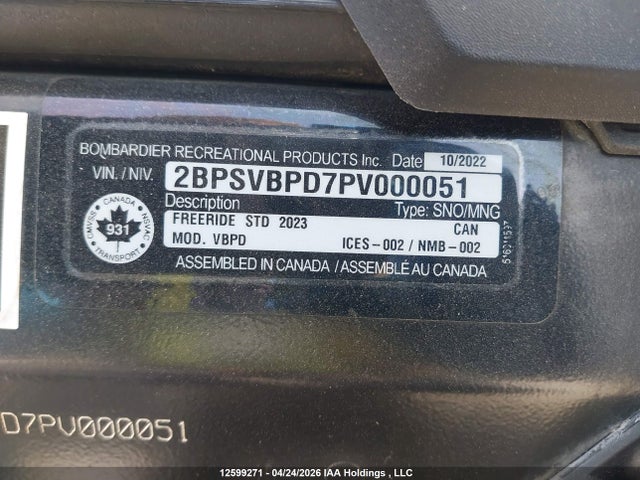 12599271 :رقم المزاد ، 2BPSVBPD7PV000051 vin ، 2023 Skidoo  مزاد بيع