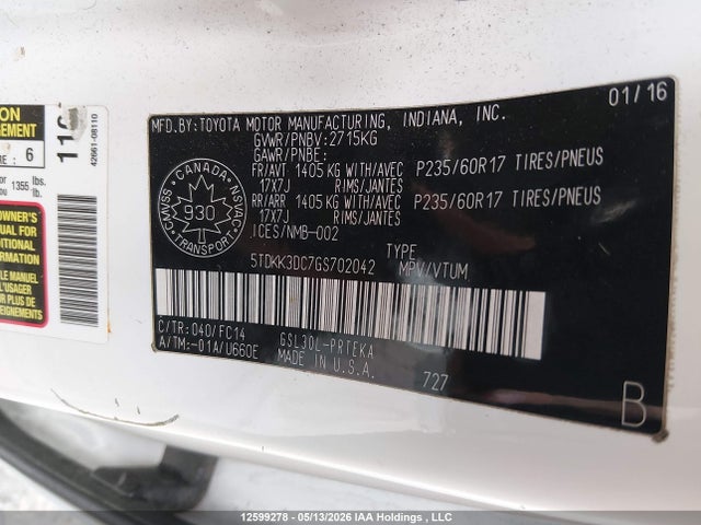 Продаж на аукціоні авто 2016 Toyota Sienna Le 8 Passenger, vin: 5TDKK3DC7GS702042, номер лоту: 12599278