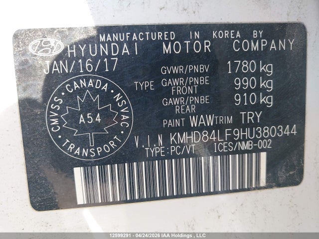 KMHD84LF9HU380344 Hyundai Elantra Gls