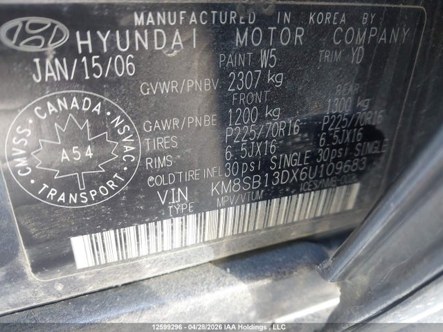 2006 Hyundai Santa Fe Gl V6 მანქანა იყიდება აუქციონზე, vin: KM8SB13DX6U109683, აუქციონის ნომერი: 12599296
