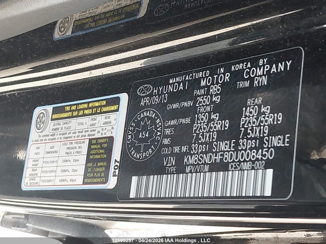 Продажа на аукционе авто 2013 Hyundai Santa Fe Gls, vin: KM8SNDHF8DU008450, номер лота: 12599297