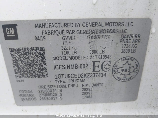 1GTU9CED2KZ337434 GMC Sierra K1500 Elevation