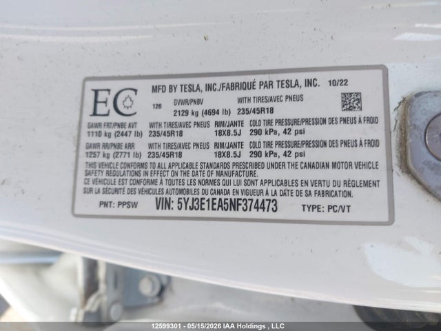 12599301 :رقم المزاد ، 5YJ3E1EA5NF374473 vin ، 2022 Tesla Model 3 مزاد بيع