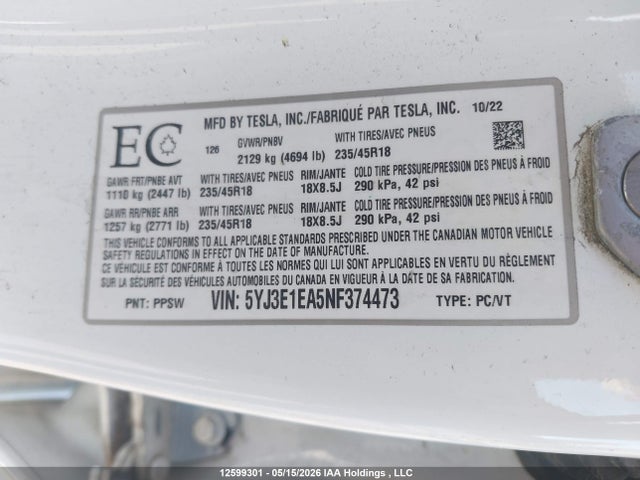 12599301 :رقم المزاد ، 5YJ3E1EA5NF374473 vin ، 2022 Tesla Model 3 مزاد بيع