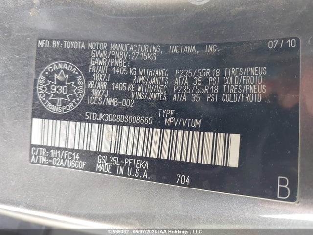 12599302 :رقم المزاد ، 5TDJK3DC8BS008660 vin ، 2011 Toyota Sienna Le مزاد بيع