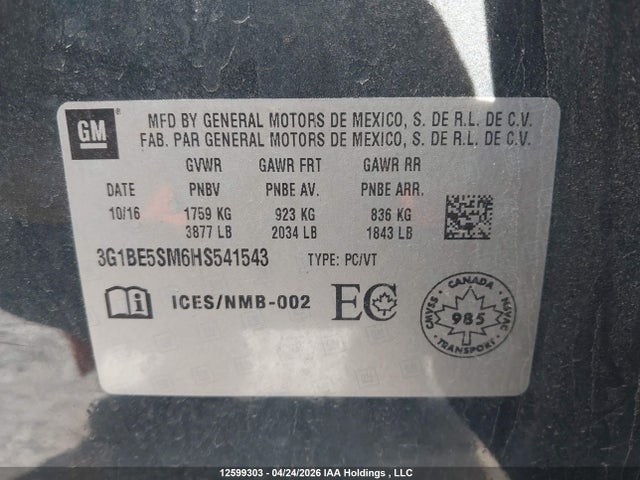 3G1BE5SM6HS541543 Chevrolet Cruze Lt Auto
