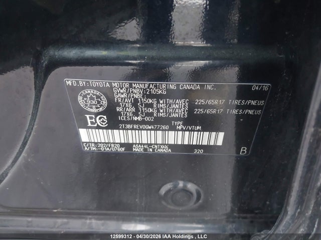 Aukcja sprzedaży 2016 Toyota Rav4 Le, vin: 2T3BFREV0GW477260, numer aukcji: 12599312