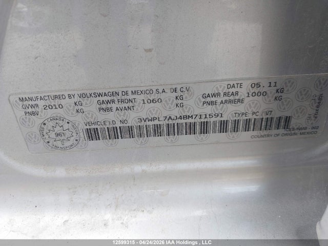 Aukcja sprzedaży 2011 Volkswagen Jetta Tdi, vin: 3VWPL7AJ4BM711591, numer aukcji: 12599315