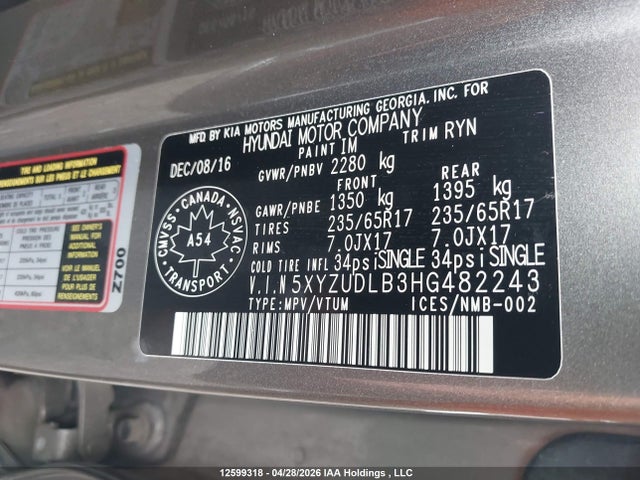 5XYZUDLB3HG482243 Hyundai Santa Fe Sport 2.4 Luxury