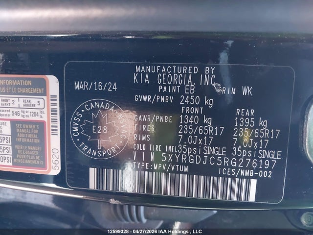 2024 Kia Sorento Lx მანქანა იყიდება აუქციონზე, vin: 5XYRGDJC5RG276197, აუქციონის ნომერი: 12599328