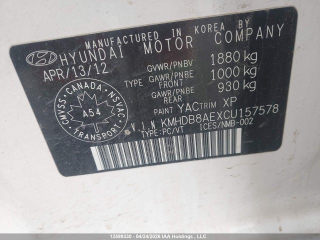 Aukcja sprzedaży 2012 Hyundai Elantra Touring Gls, vin: KMHDB8AEXCU157578, numer aukcji: 12599330