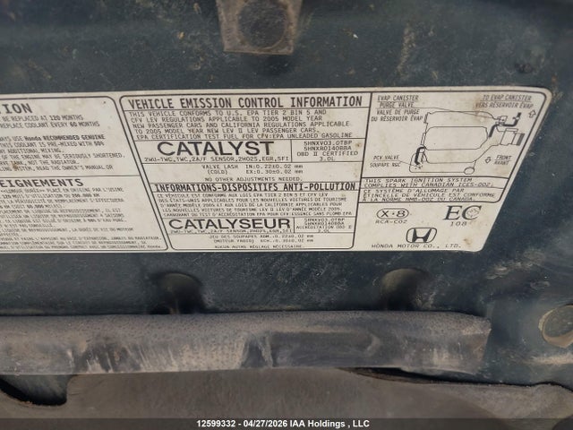 12599332 :رقم المزاد ، 1HGCM66505A800095 vin ، 2005 Honda Accord Ex مزاد بيع