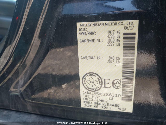 1N4AL3AP5HC286310 Nissan Altima 2.5/2.5 S/2.5 Sl/2.5 Sr/2.5 Sv