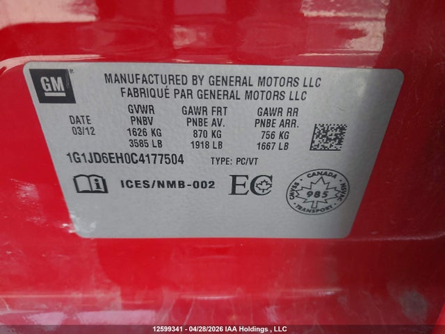 Aukcja sprzedaży 2012 Chevrolet Sonic Lt, vin: 1G1JD6EH0C4177504, numer aukcji: 12599341