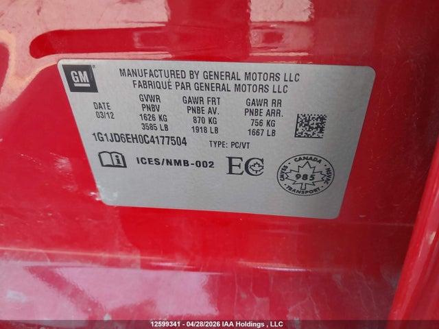 Aukcja sprzedaży 2012 Chevrolet Sonic Lt, vin: 1G1JD6EH0C4177504, numer aukcji: 12599341