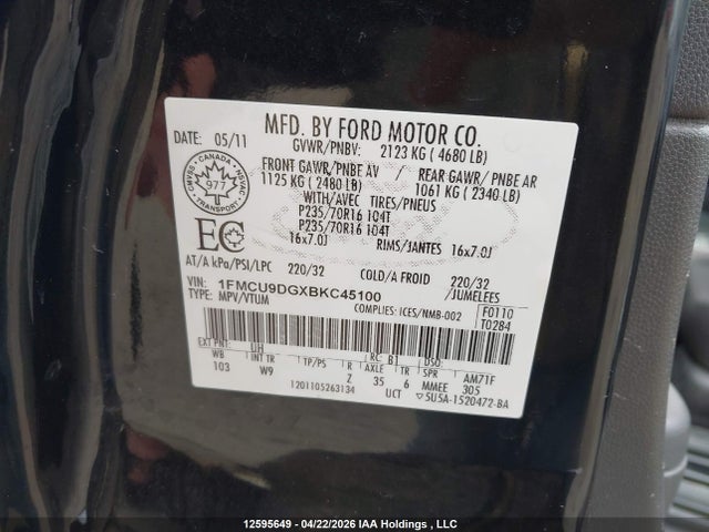 2011 Ford Escape Xlt მანქანა იყიდება აუქციონზე, vin: 1FMCU9DGXBKC45100, აუქციონის ნომერი: 12595649