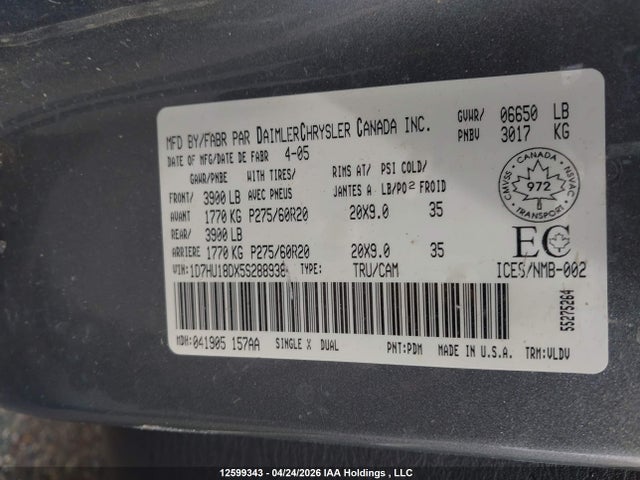 Продажа на аукционе авто 2005 Dodge Ram 1500 Slt/laramie, vin: 1D7HU18DX5S288938, номер лота: 12599343
