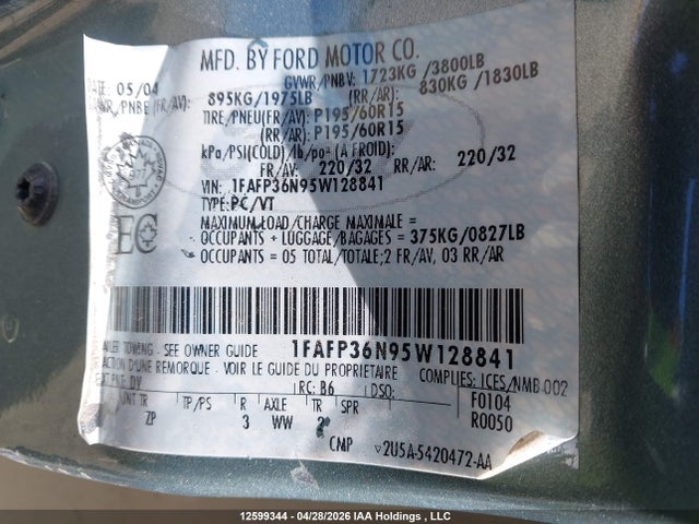 Продаж на аукціоні авто 2005 Ford Focus Zxw, vin: 1FAFP36N95W128841, номер лоту: 12599344