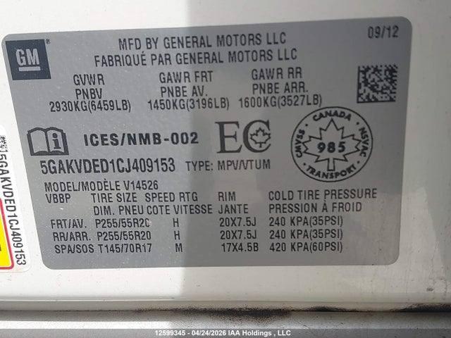 Aukcja sprzedaży 2012 Buick Enclave Cxl, vin: 5GAKVDED1CJ409153, numer aukcji: 12599345