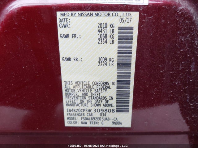 1N4BZ0CP3HC309808 Nissan Leaf S/sv/sl
