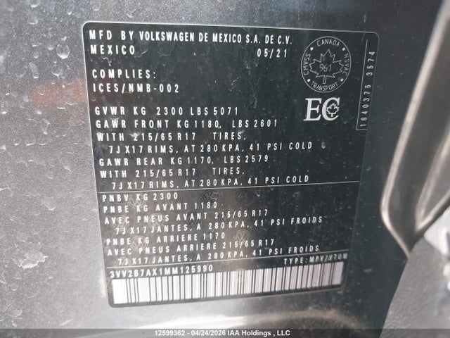 12599362 :رقم المزاد ، 3VV2B7AX1MM125990 vin ، 2021 Volkswagen Tiguan Comfortline مزاد بيع